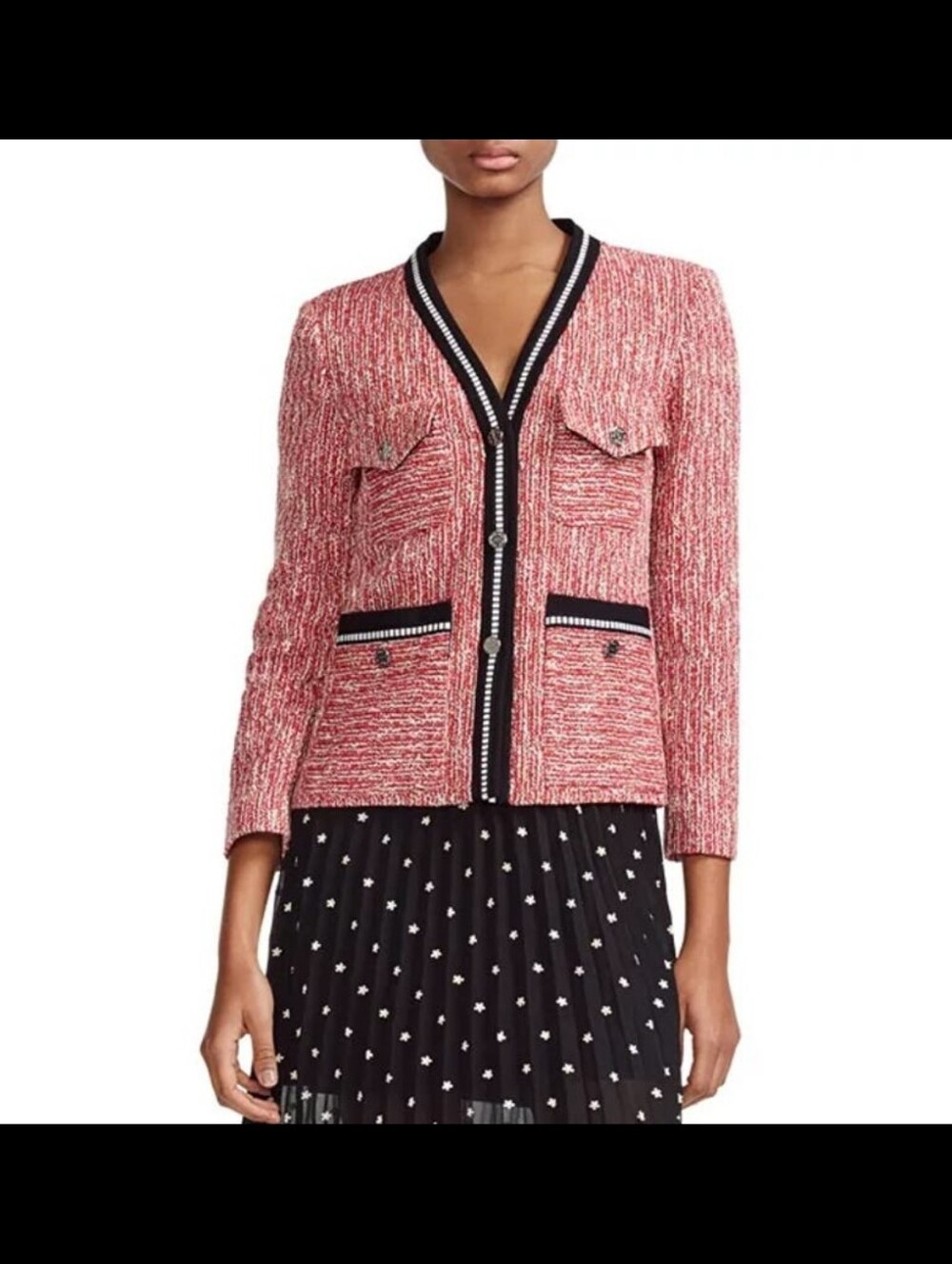 Maje Red Bouclé Tweed Jacket with Black Trim